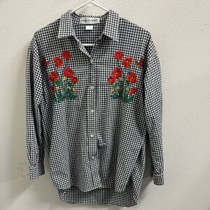 Coogi Black and White Checkered Shirt with Red Floral Embroidery